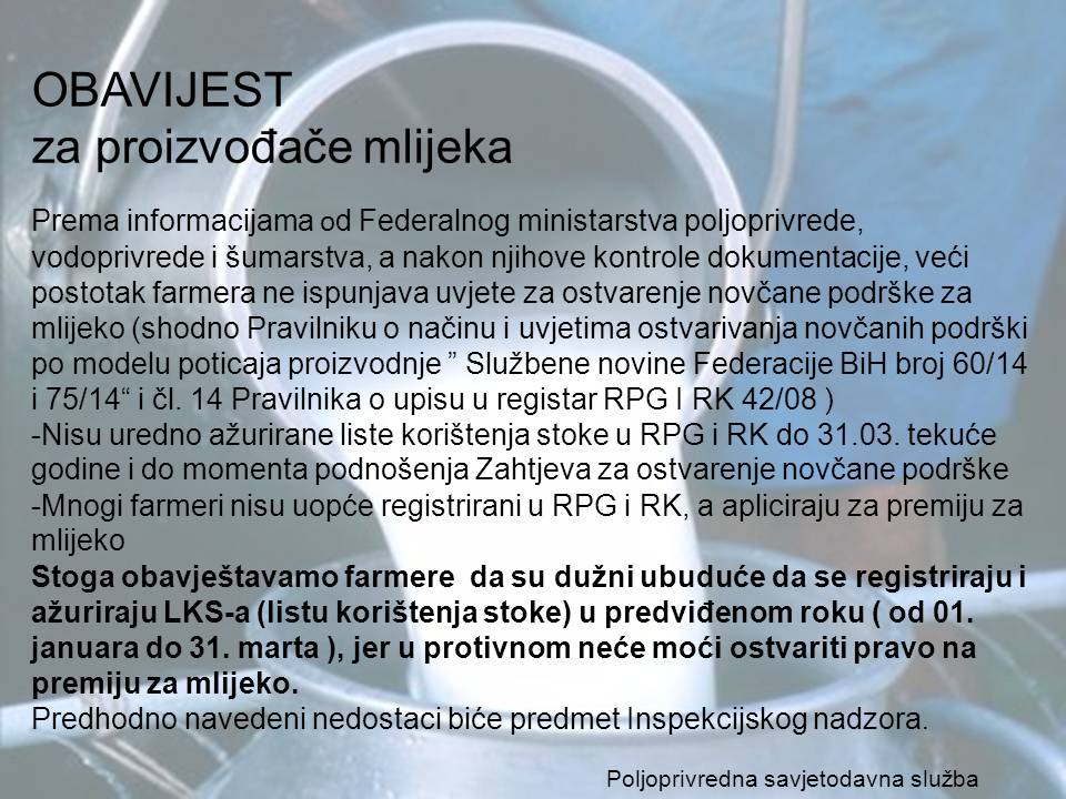 OBAVIJEST ZA PROIZVOĐAČE MLIJEKA